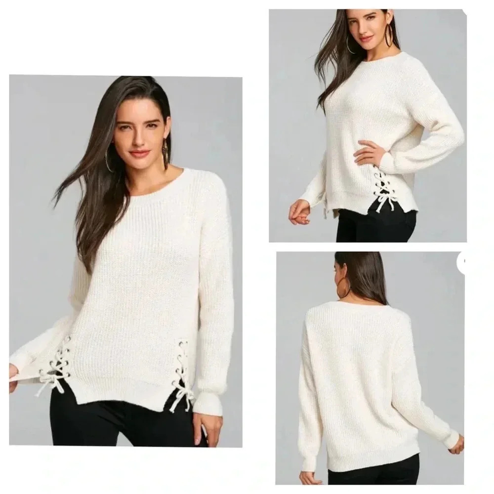 MIA + TESS* Lace Up Cream Crew Shoulder Knitted Long Sleeve Sweater Size XL